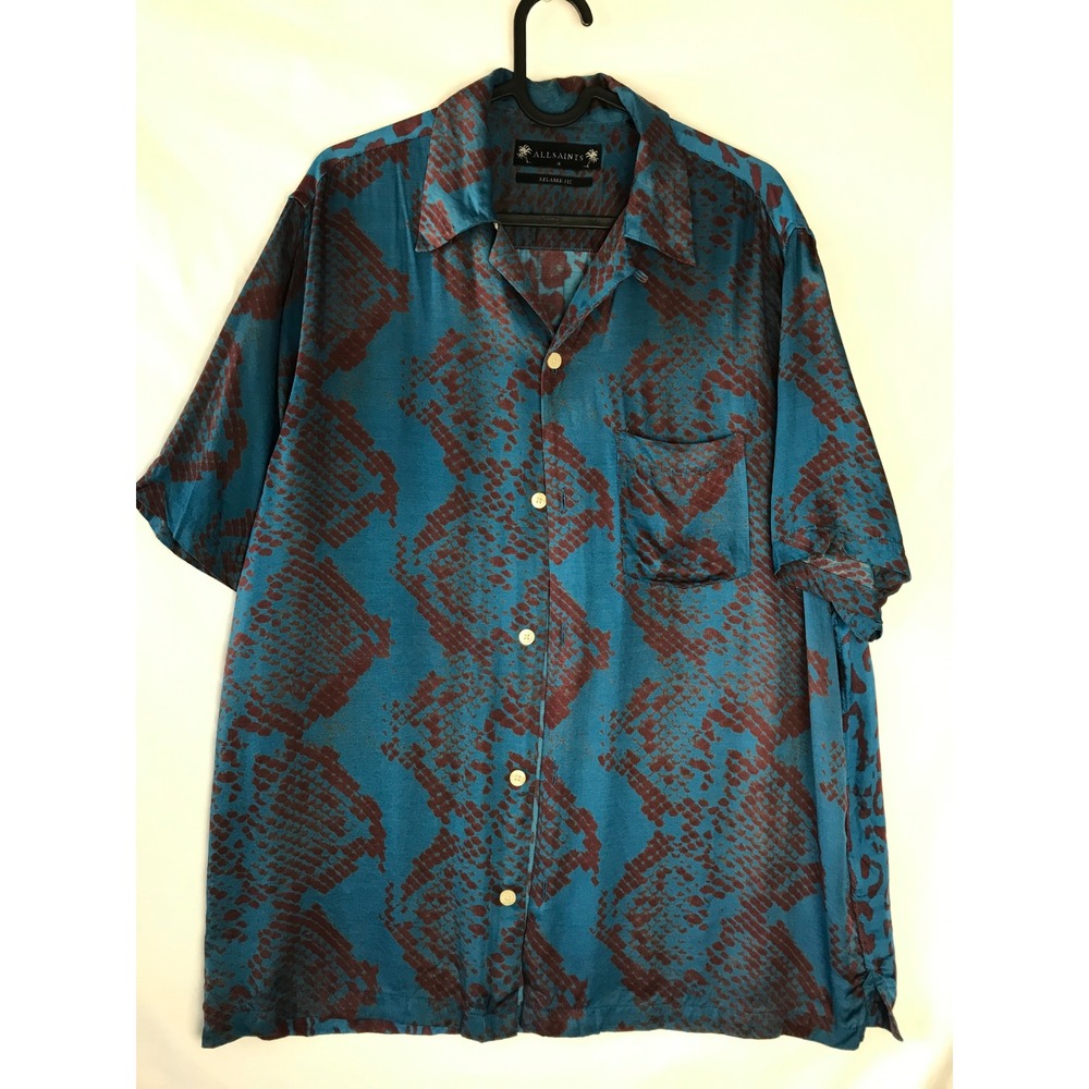 AllSaints Mens Relaxed Fit Animal Print Short Sleeve Shirt Teal Burgundy Medium